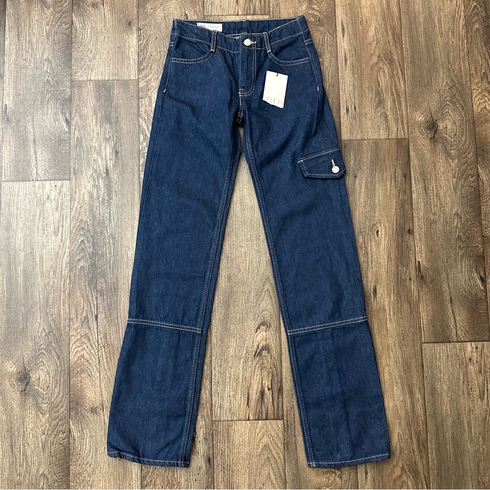 ZARA Cargo Y2K Baggy Straight Leg Retro Jeans Women’s Size 0 Dark Blue Denim